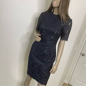 Reiss Dress Size 4 Fitted Black Metallic Lace Bellini Sheath Evening Cocktail